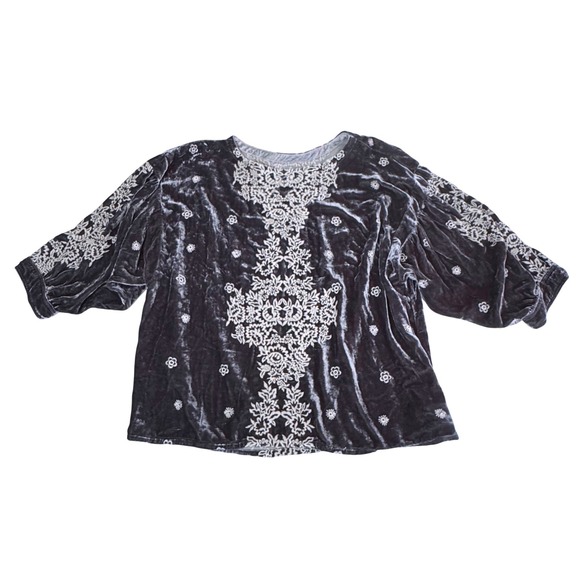 Johnny Was Tops - Johnny Was Velvet Blouse Sz S Embroidered Luxury Silk Blend‎ Boho Top Blue Gray